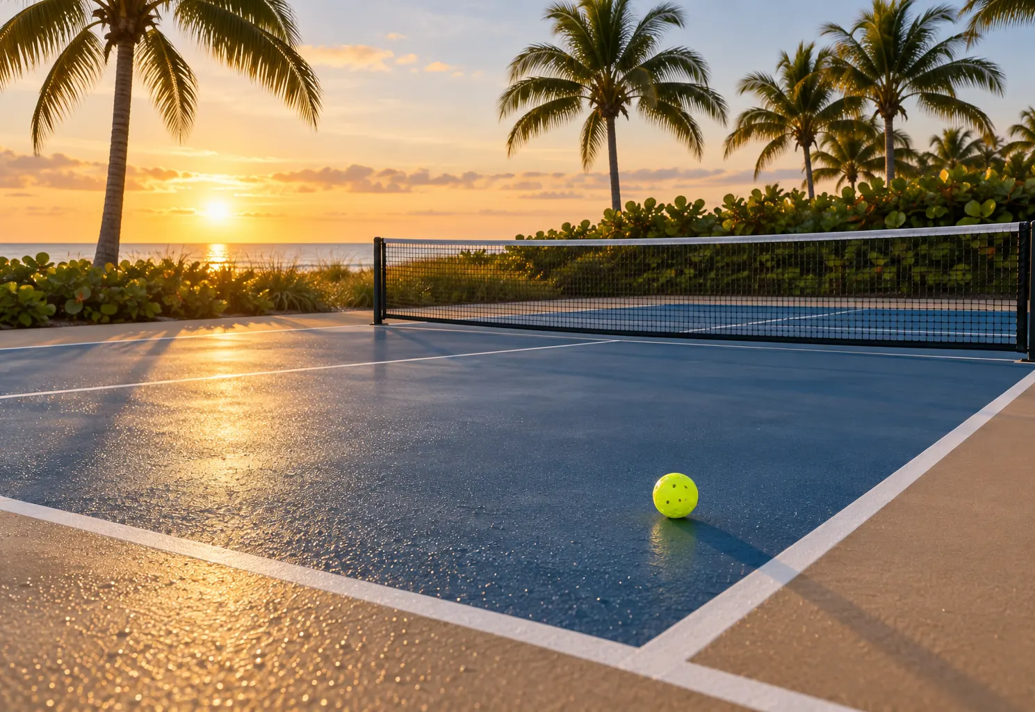 An empty outdoor pickleball court at dawn, dew on the blue surface and low sun raking across the white kitchen line, royal palms behind