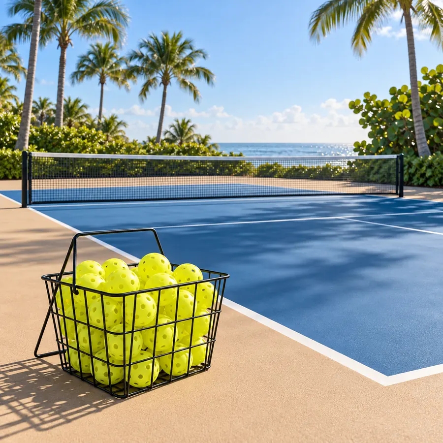 A wire basket full of yellow pickleballs on a court in morning light