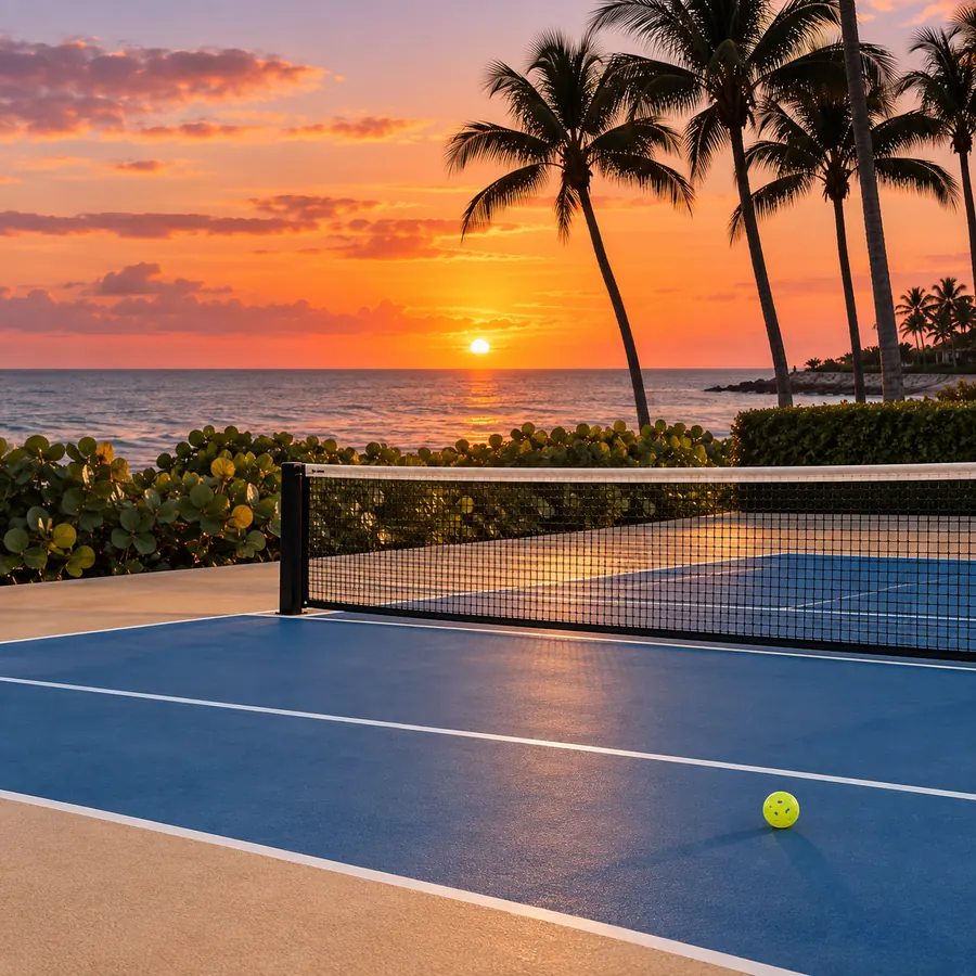 A pickleball net silhouetted against a coral Naples sunset with palms